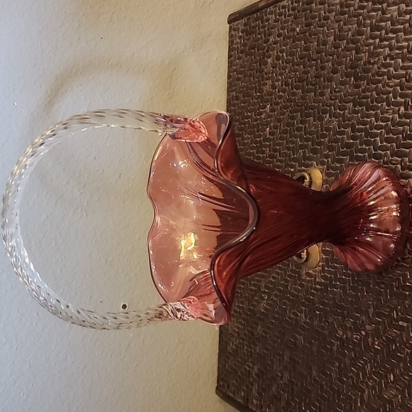 Vintage Fenton Style Glass Basket Vase Cranberry Red Burgundy Vase - Picture 7 of 10